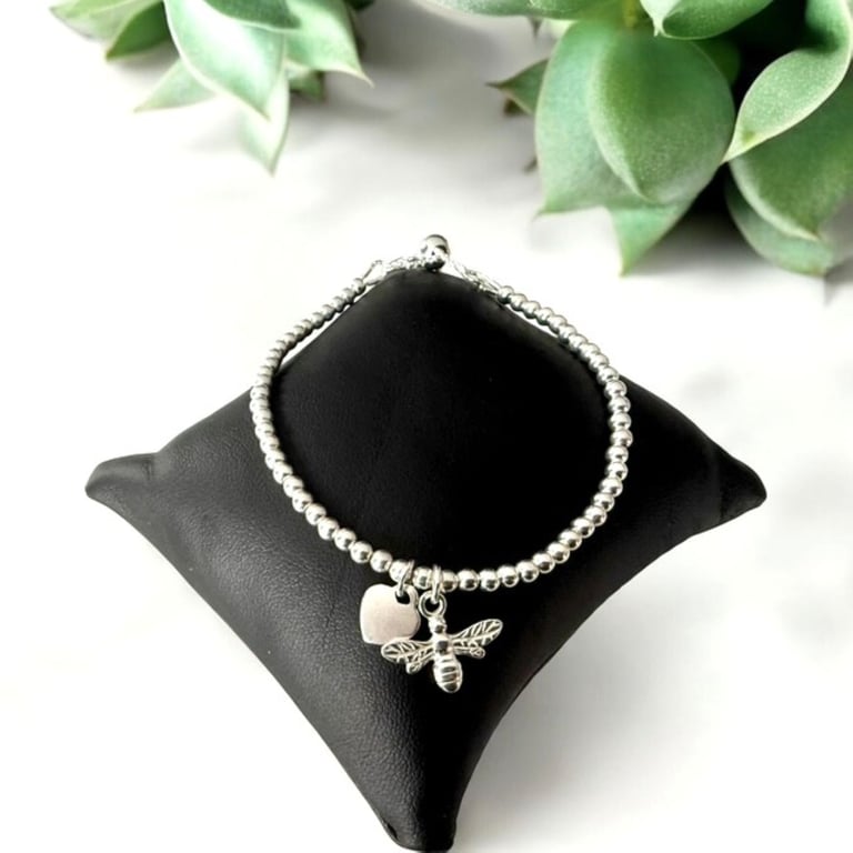 Sterling Silver Bee with Heart Charm Slider Bracelet, Personalised Jewellery