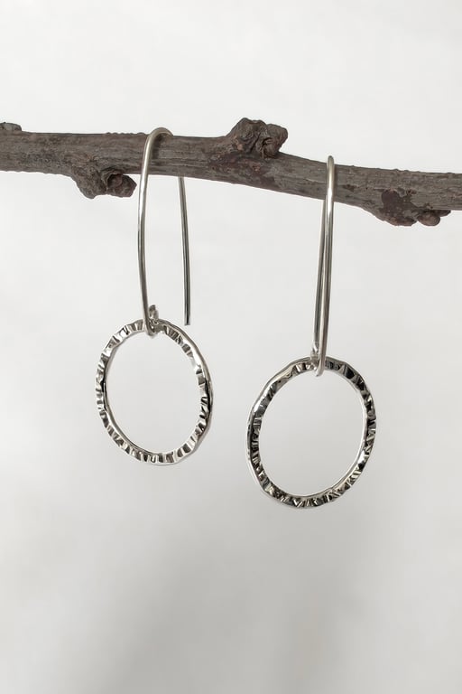 Large Sterling Silver Hammered Circle Hook Wire Earrings