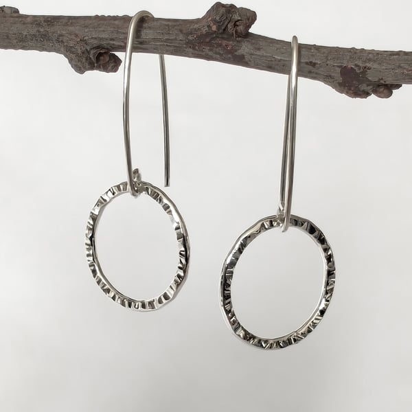 Large Sterling Silver Hammered Circle Hook Wire Earrings