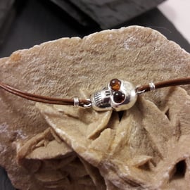 Sterling Silver Skull with Baltic Amber Eyes on Tan Leather Bracelet