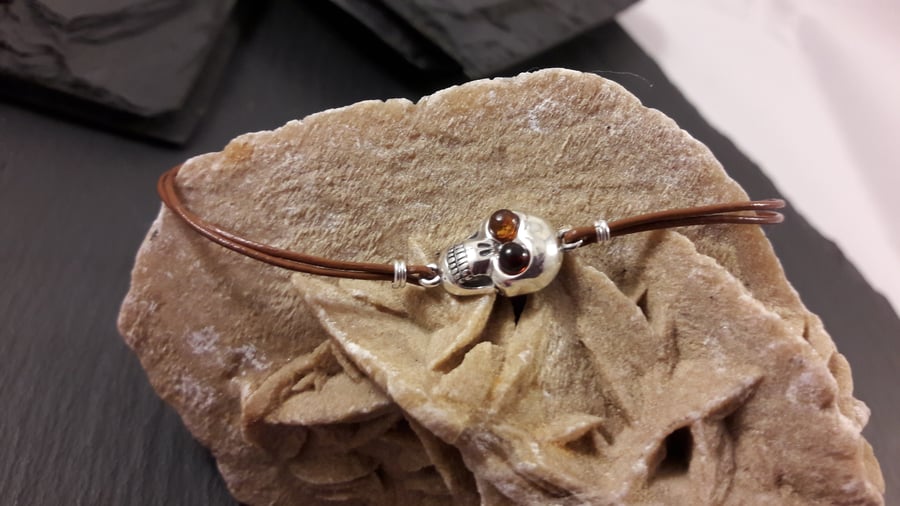 Sterling Silver Skull with Baltic Amber Eyes on Tan Leather Bracelet