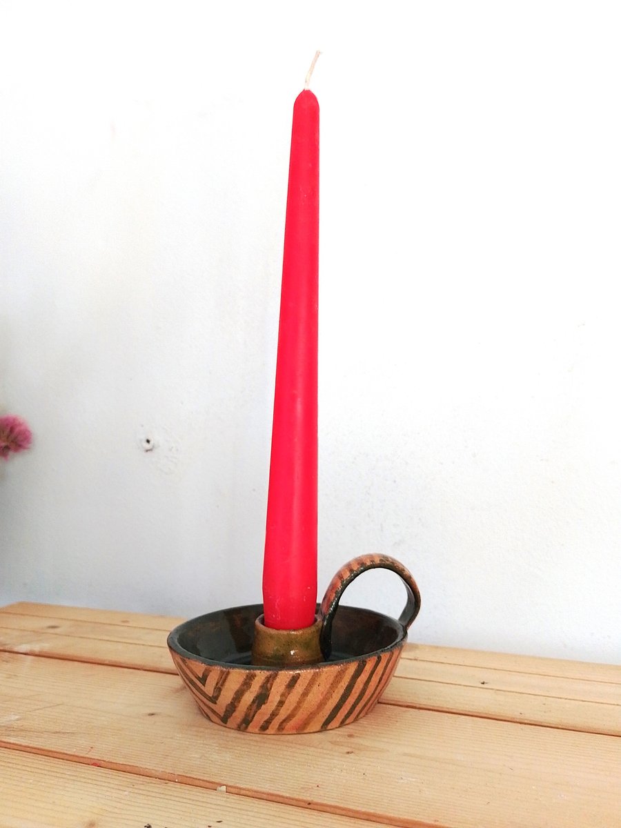 Ceramic green striped tall or tapered candleholder