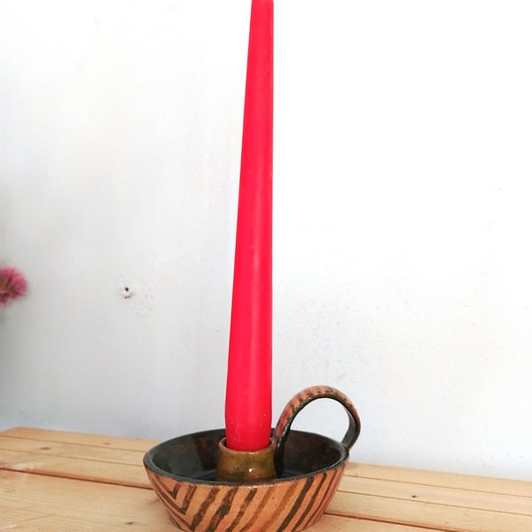 Ceramic green striped tall or tapered candleholder