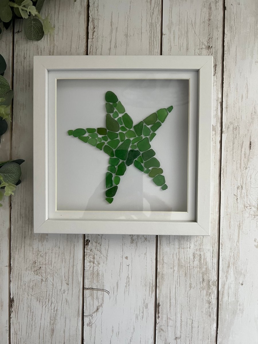 Sea Glass Wall Art: Starfish, Green, White Shadow Box Frame - Coastal home decor