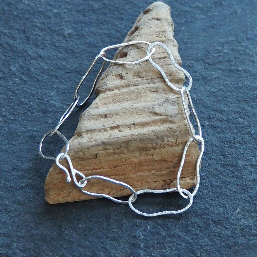 Argentium Silver hallmarked link bracelet, hammered silver, longer length