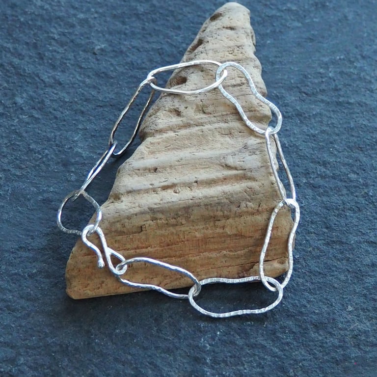 Argentium Silver hallmarked link bracelet, hammered silver, longer length