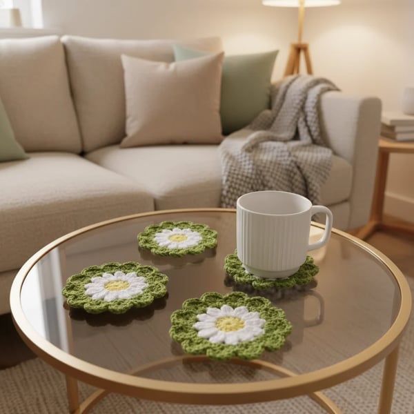 Crochet Daisy Coaster, handmade flower coffee coaster, home decor gift ideas