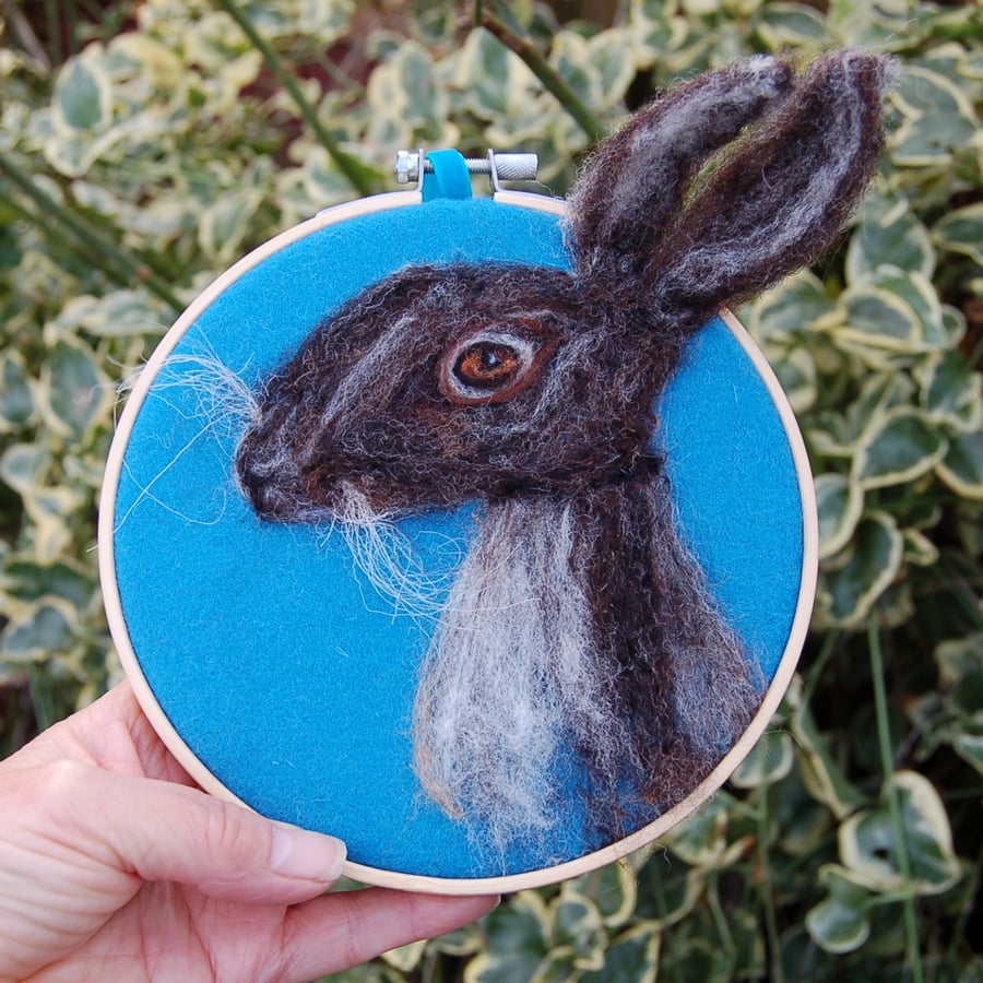 Hare portrait, wool art picture in hoop frame, wool fabric, needle felted 