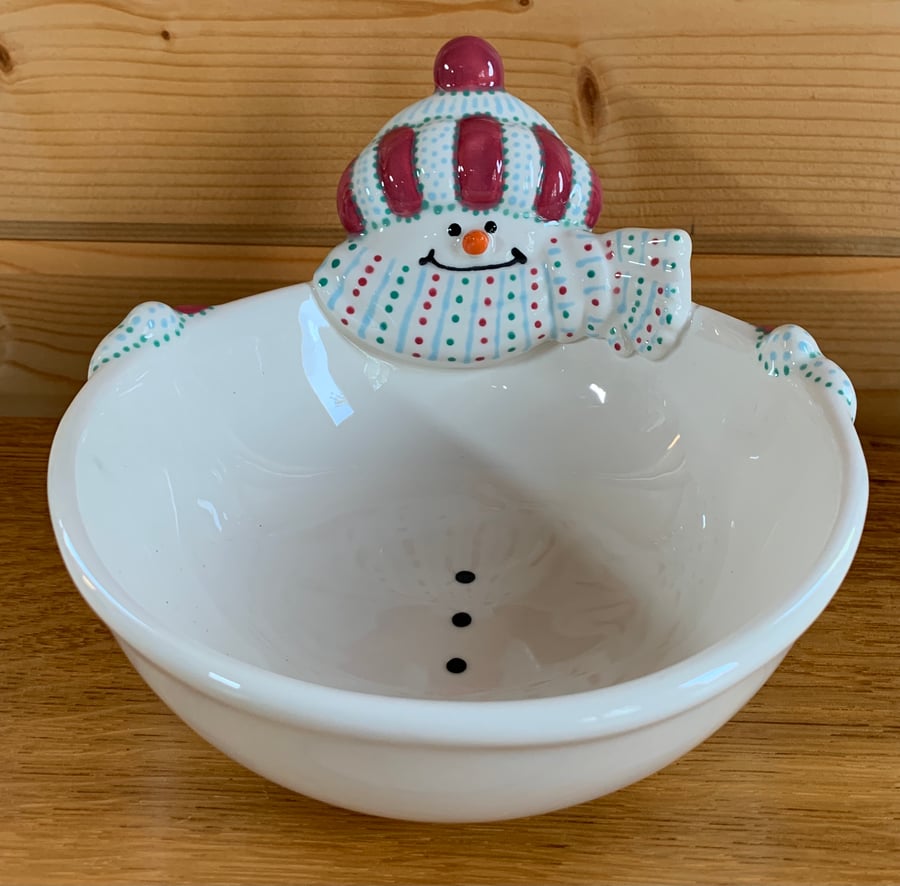 Hand Painted Ceramic Snowman Bowl, Christmas Pottery Dish