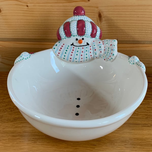 Hand Painted Ceramic Snowman Bowl, Christmas Pottery Dish