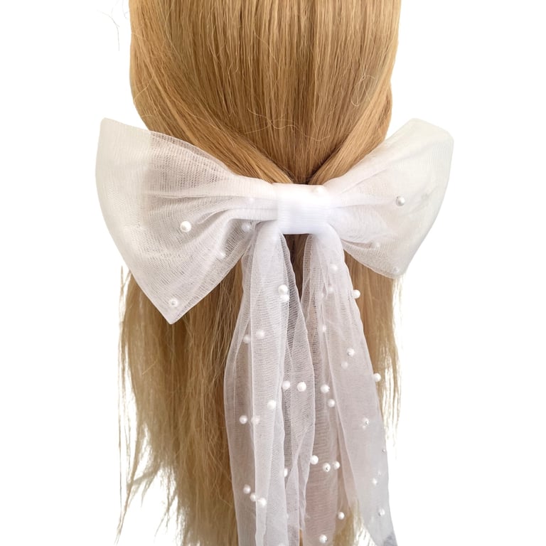 Bridal Bow Bachelor Party White Pearl Veil Pearl Bride Hair Bow Clip Bride Veil 