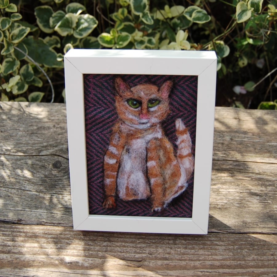 Striped Ginger wool picture - unframed - needle felt cat picture
