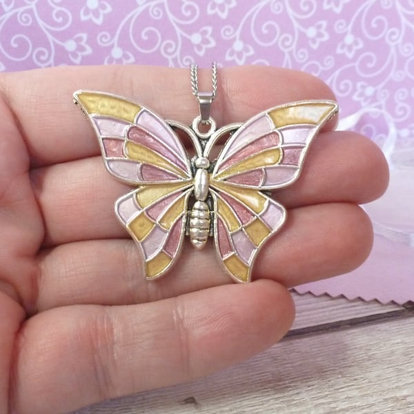 Gold and pink butterfly necklace, handpainted pastel metal butterfly 