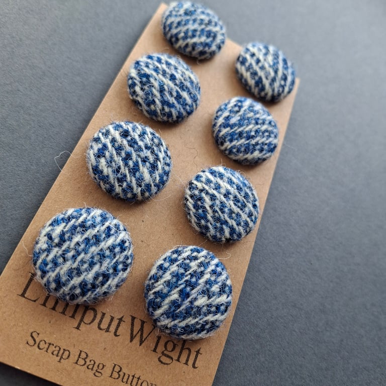 Set of eight scrap bag buttons - blue and white Harris Tweed