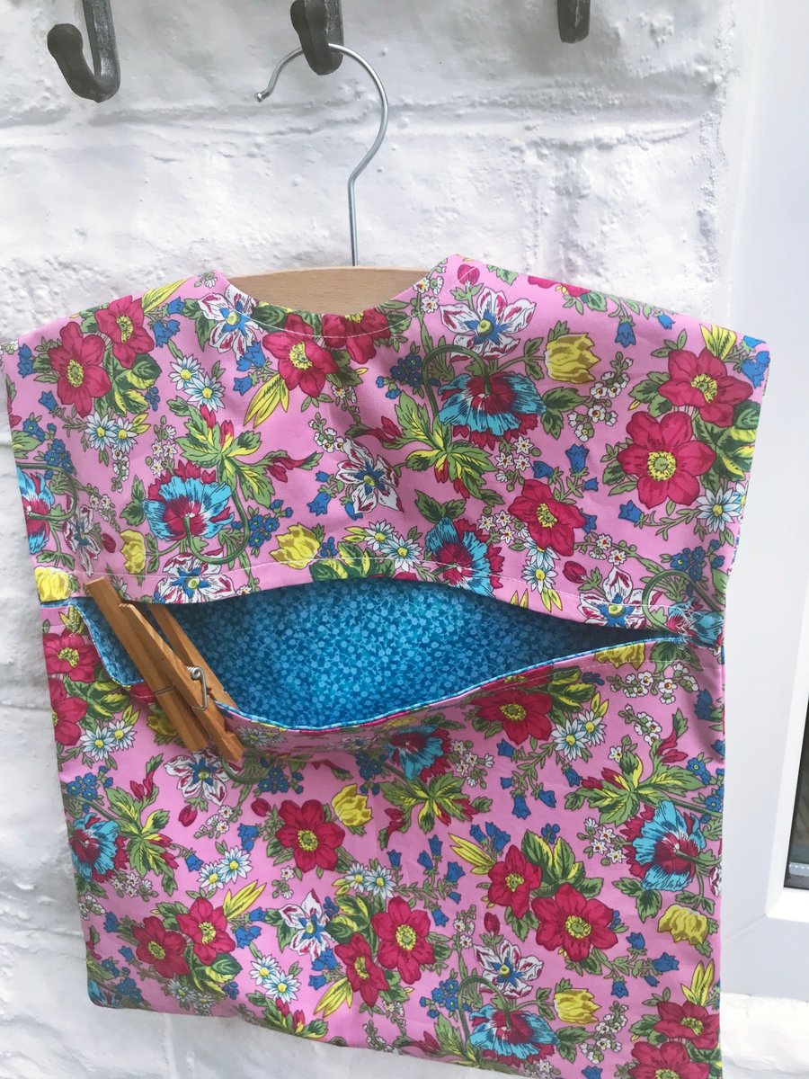Lined Pink and Blue Floral Peg Bag with wood hanger