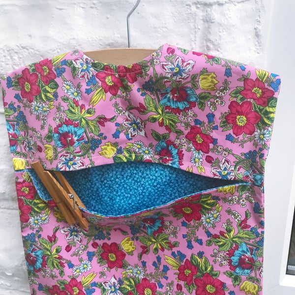 Lined Pink and Blue Floral Peg Bag with wood hanger