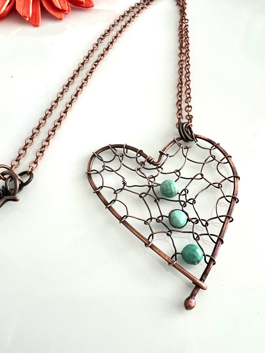 Copper Wire Wrapped Heart Pendant Necklace with Arizona Turquoise Gemstones