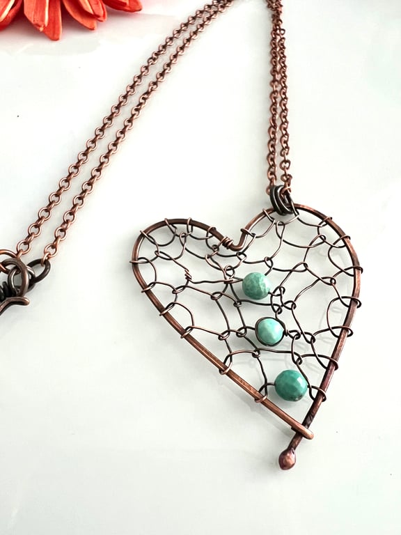 Copper Wire Wrapped Heart Pendant Necklace with Arizona Turquoise Gemstones