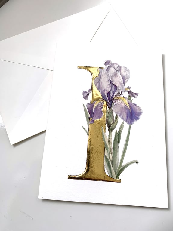Blank Greetings Card with 24 Carat Gold Leaf Letter I for Iris. Watercolour.