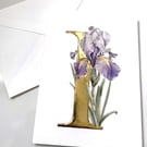 Blank Greetings Card with 24 Carat Gold Leaf Letter I for Iris. Watercolour.