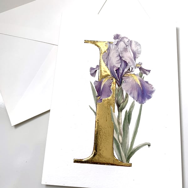 Blank Greetings Card with 24 Carat Gold Leaf Letter I for Iris. Watercolour.