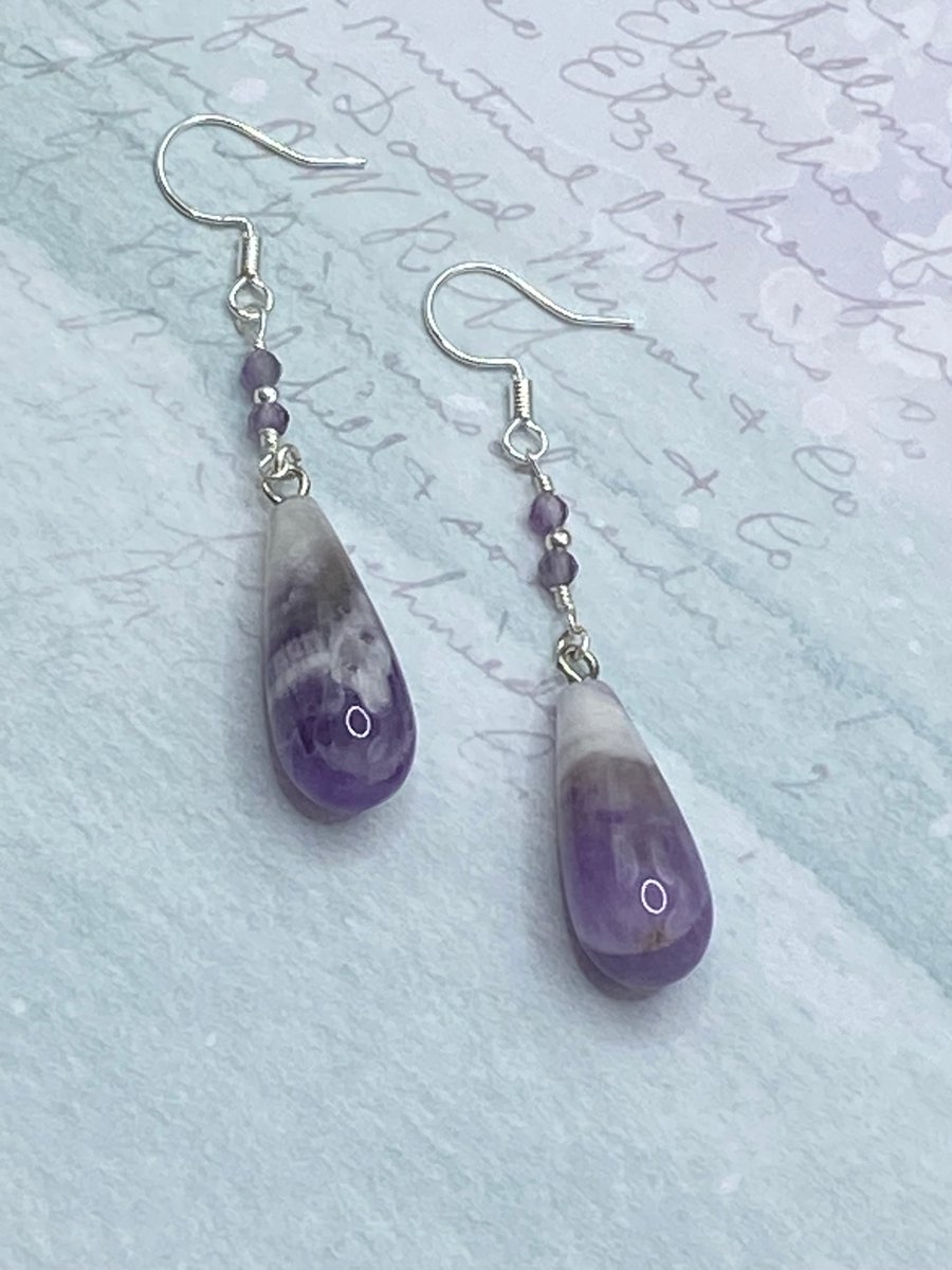 Amethyst teardrop earrings with tiny faceted stones and silver plated beads
