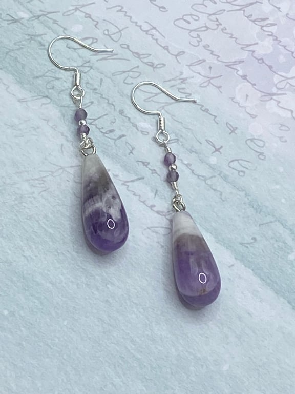 Amethyst teardrop earrings with tiny faceted stones and silver plated beads