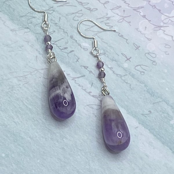 Amethyst teardrop earrings with tiny faceted stones and silver plated beads
