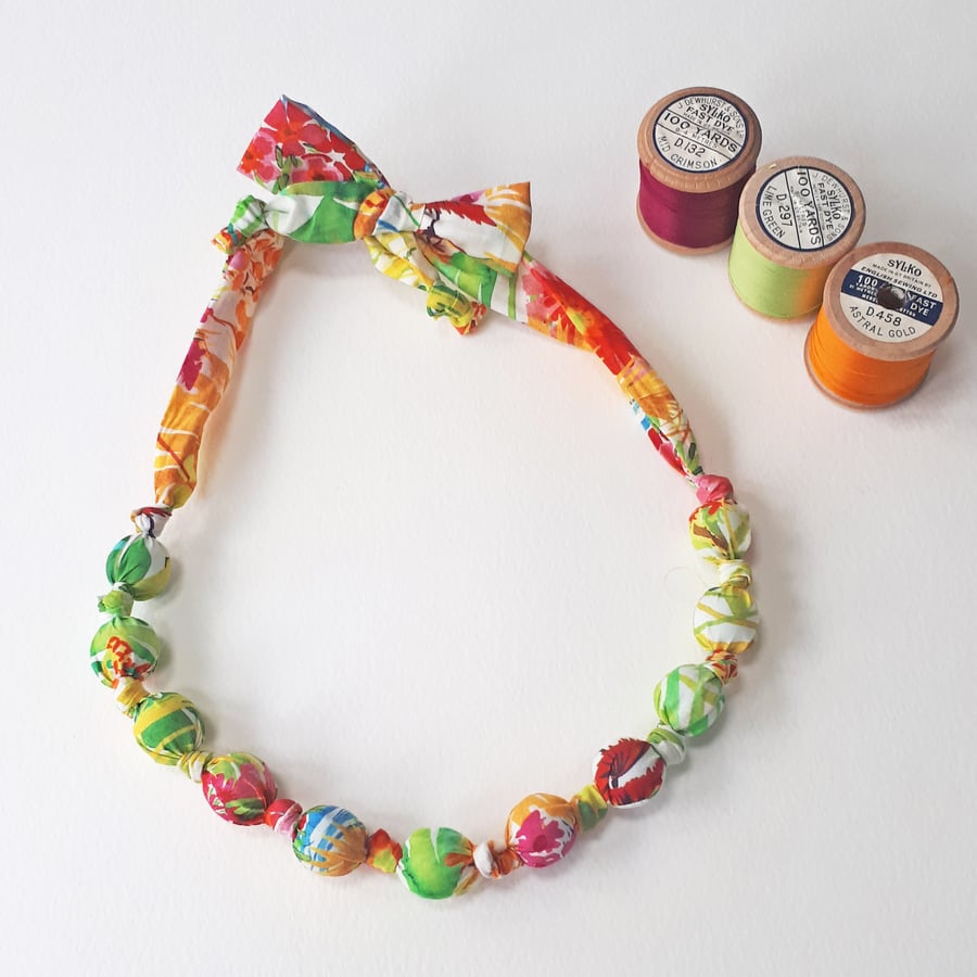 Green Pink Orange Yellow Cream Liberty Print Fabric Necklace -Tresco Print Green