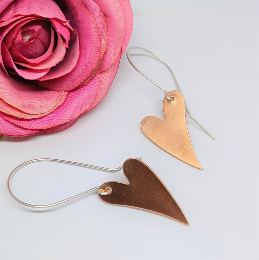Satin Effect Copper Wonky Heart Earrings on Sterling Silver Earwire