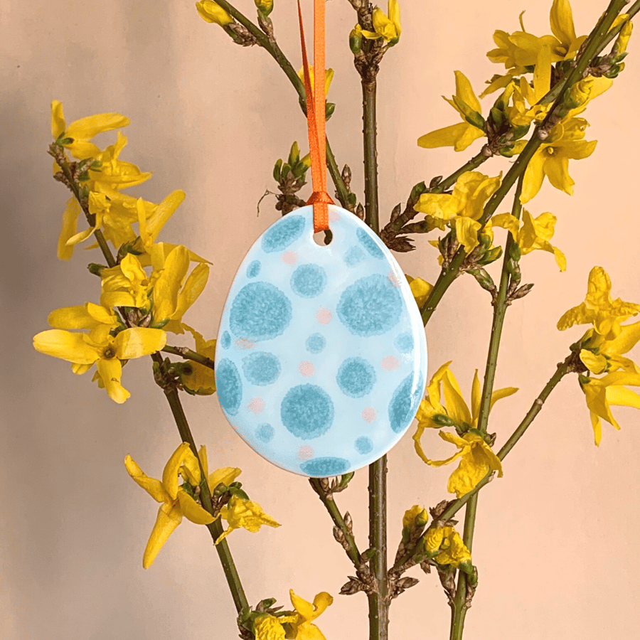 Small Easter Egg Porcelain Hanging Decoration - Pale Blue with Blue & Pink dots