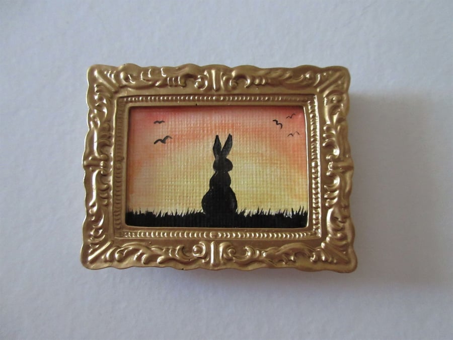 Doll House Miniature Original Painting Framed with Bunny Silhouette Rabbit 