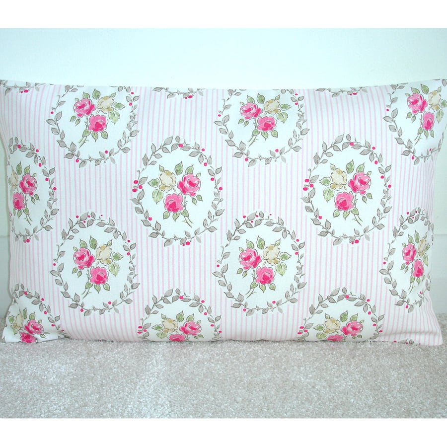 Cushion Cover Floral Stripe 20" x 12" Oblong  Bolster Pink Yellow Roses
