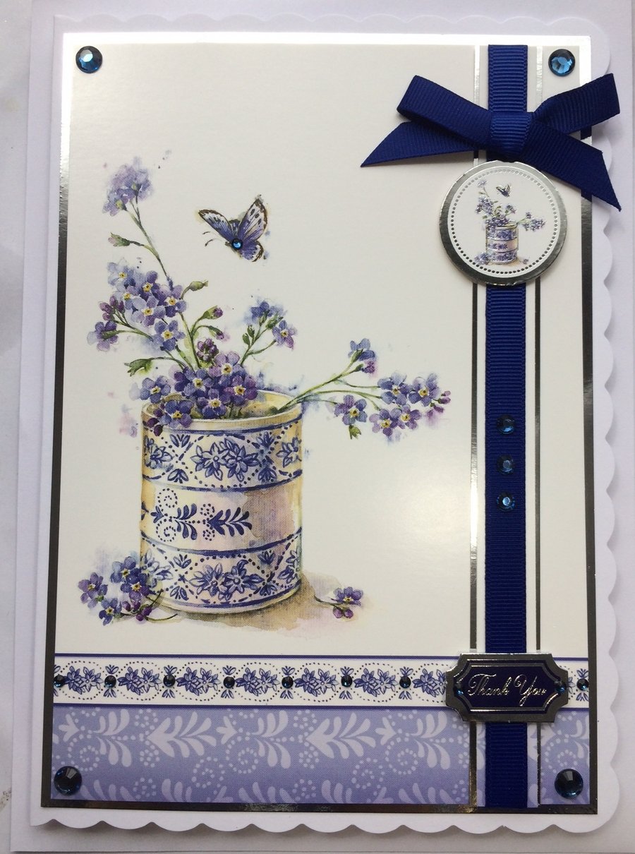 3D Luxury Handmade Card Thank You Wedgewood Style Vase of Flowers