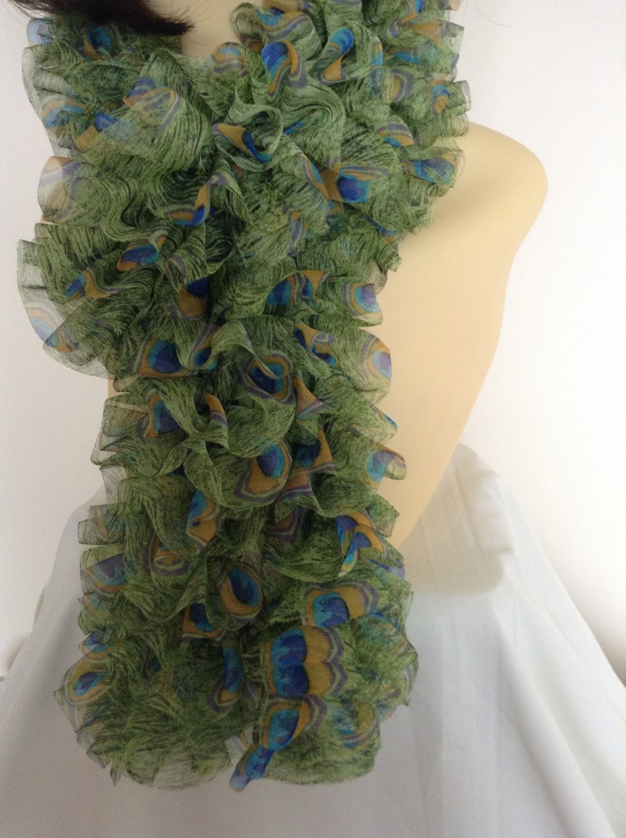 Frilly Ribbon Scarf in Lime Green with Peacock Eyes