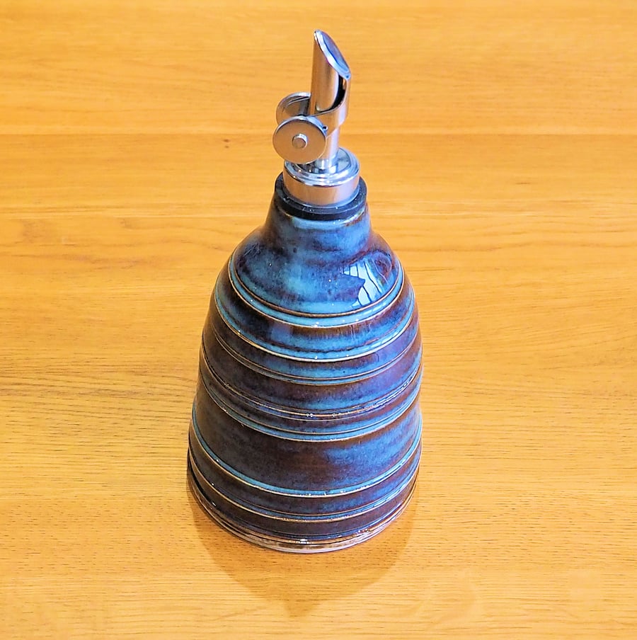Oil or vinegar drizzler, blue glaze homemade pottery