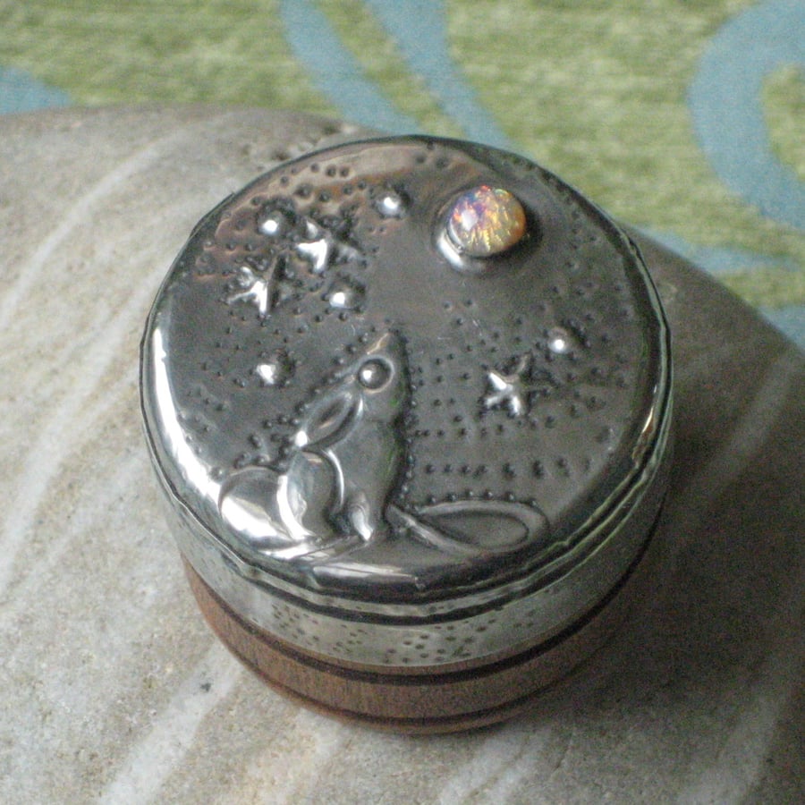 Moongazing Hare Silver Pewter Box with Opal