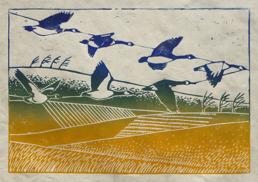 Geese linocut print