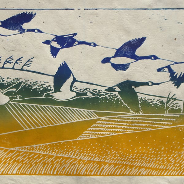 Geese linocut print