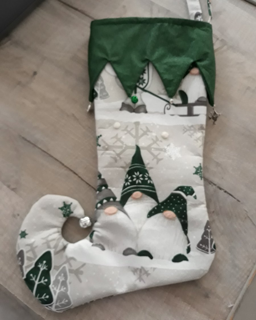 Christmas Elf stocking with green gnomes, bells and charms. (Ref CSBG3)