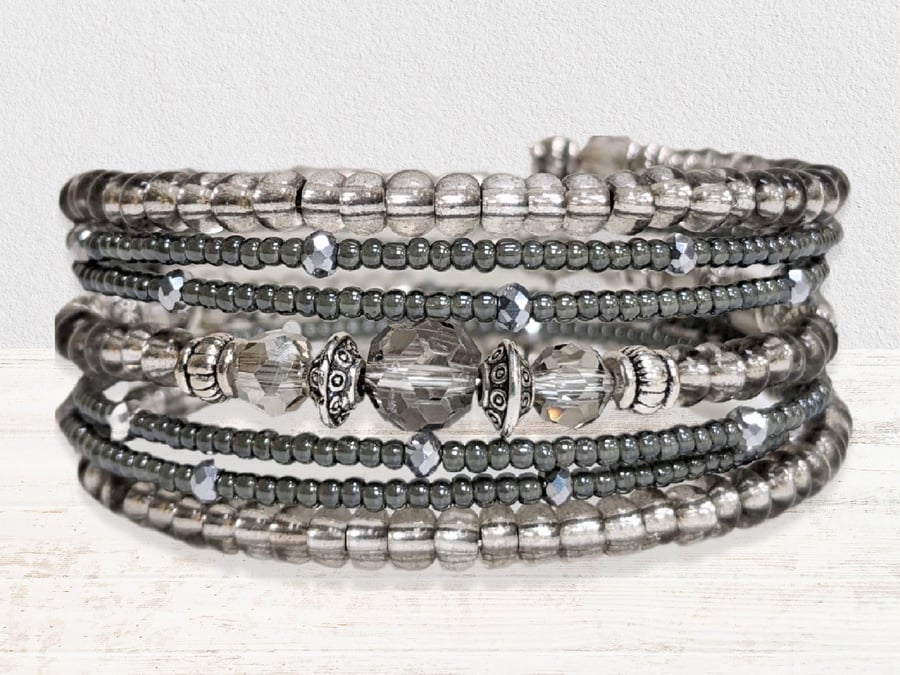 Memory Wire Bracelet in Greys and Silver,  Beaded Cuff Bangle