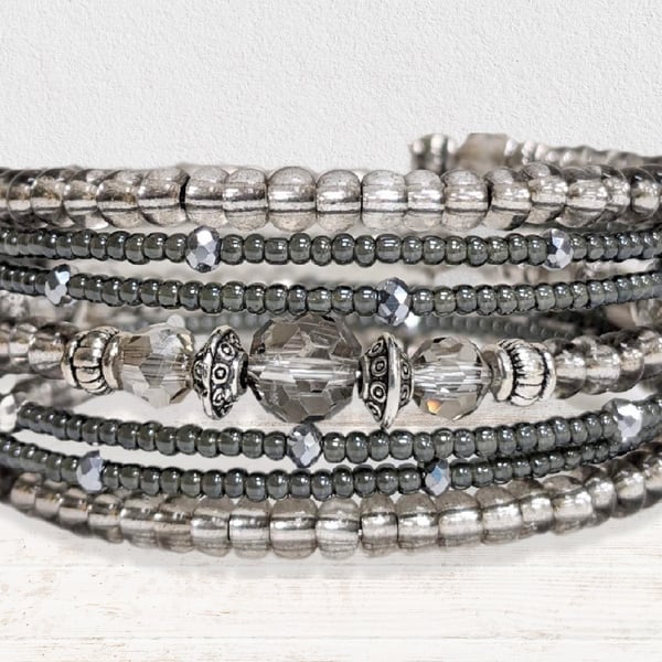 Memory Wire Bracelet in Greys and Silver,  Beaded Cuff Bangle