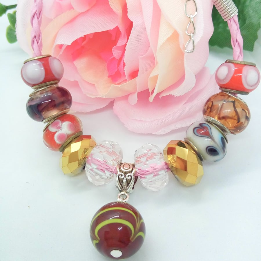 Pink Leather Bracelet with Red Mauve Golden Brown Gold and White Lampwork Beads
