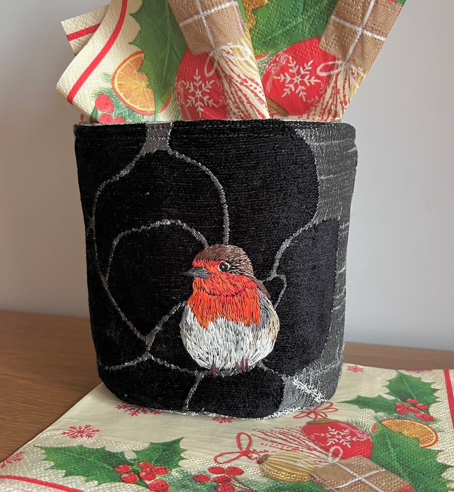 Textile storage pot with hand embroidered robin