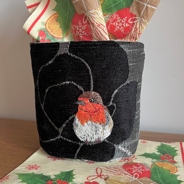 Textile storage pot with hand embroidered robin