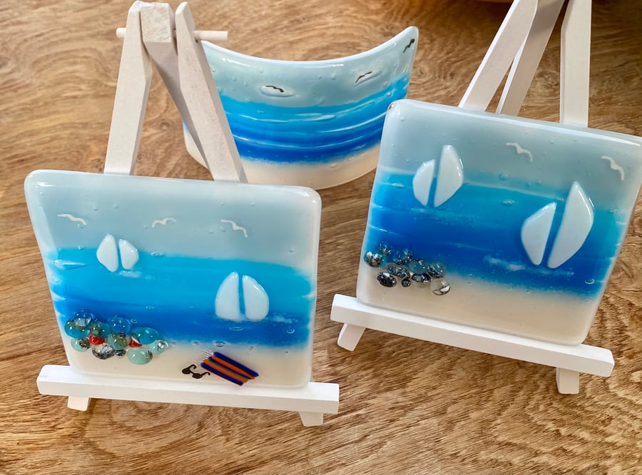 Fused glass ocean scene panel and easel