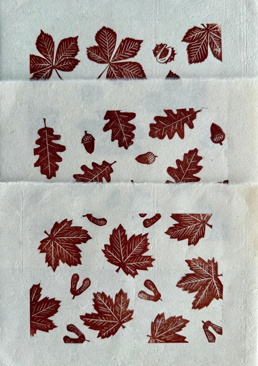Set of 3 - Falling leaves Linoprints Oak, Sycamore and Chestnut : Hand-Burnished