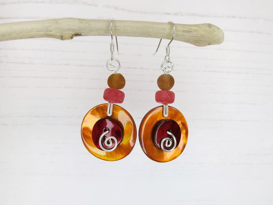 Shell Button Earrings with Frosted Glass Beads - Burnt Orange with Deep Red