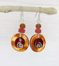Shell Button Earrings with Frosted Glass Beads - Burnt Orange with Deep Red