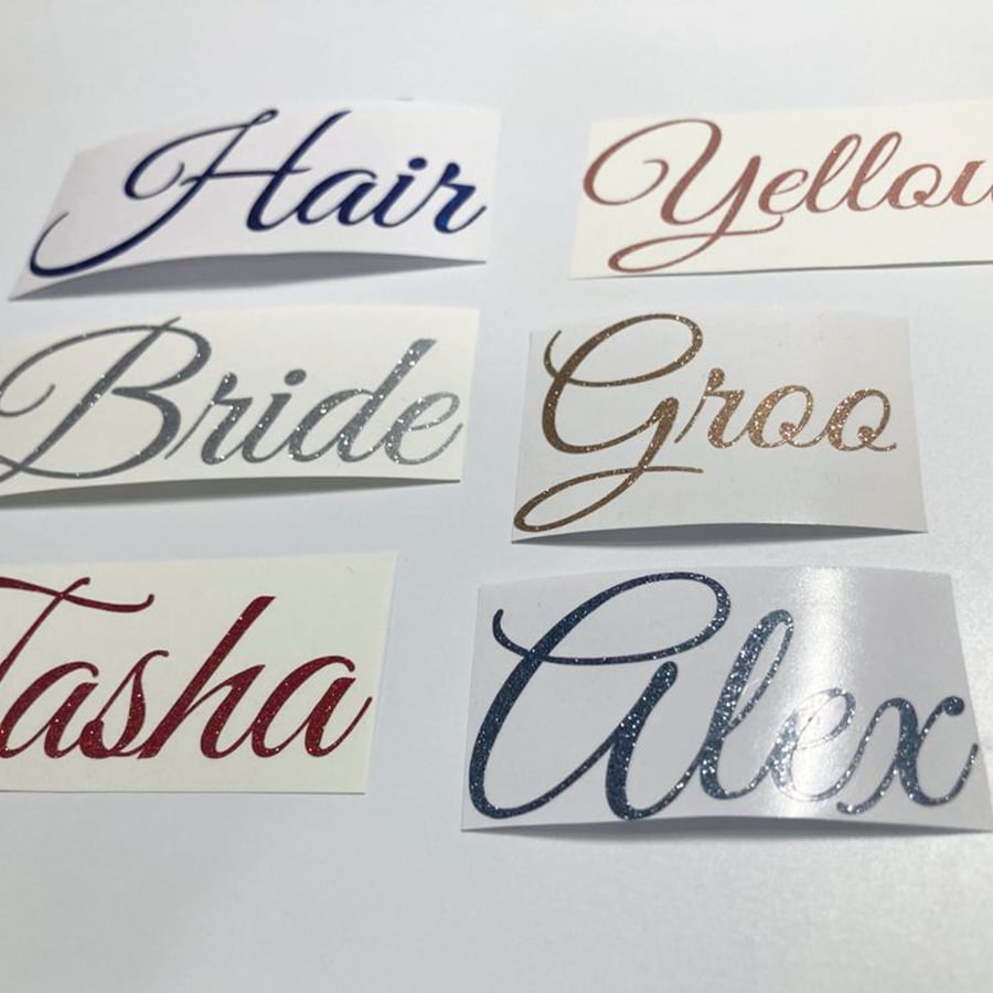 Personalised Multiple Colour and sizes Cursive Elegant Glitter Name Vinyl Weddin